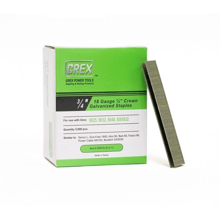 Grex Power Tools Staples, 18 ga, Wide Crown, 3/4 in Leg L, Steel, 5000 PK GNS18-20 (L11)